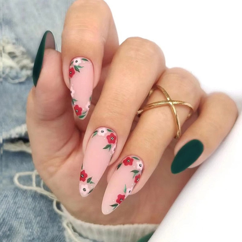 24Pcs Frosting False Nail Tips with Golden Glitter Designs French Rhinestone Manicure Stiletto Fake Nails Set Press on Nails