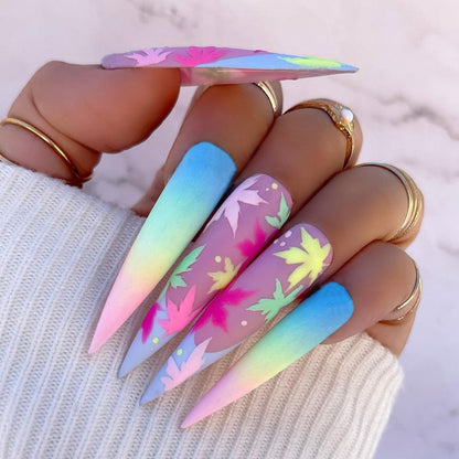 24Pcs Frosting False Nail Tips with Golden Glitter Designs French Rhinestone Manicure Stiletto Fake Nails Set Press on Nails