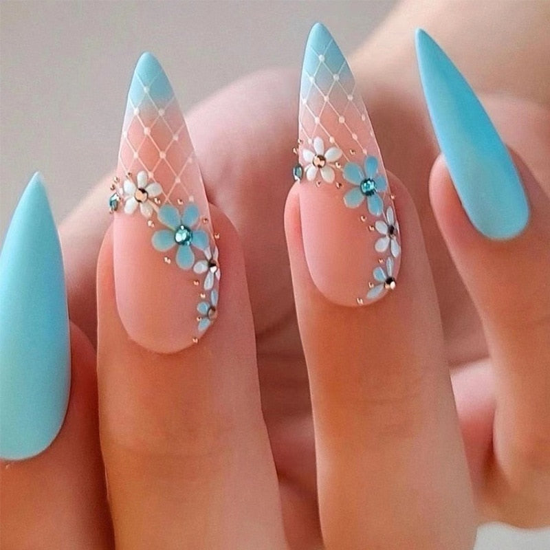 24Pcs Frosting False Nail Tips with Golden Glitter Designs French Rhinestone Manicure Stiletto Fake Nails Set Press on Nails