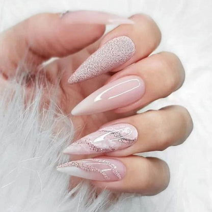 24Pcs Frosting False Nail Tips with Golden Glitter Designs French Rhinestone Manicure Stiletto Fake Nails Set Press on Nails