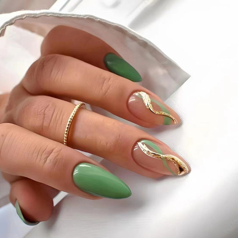 24Pcs Frosting False Nail Tips with Golden Glitter Designs French Rhinestone Manicure Stiletto Fake Nails Set Press on Nails