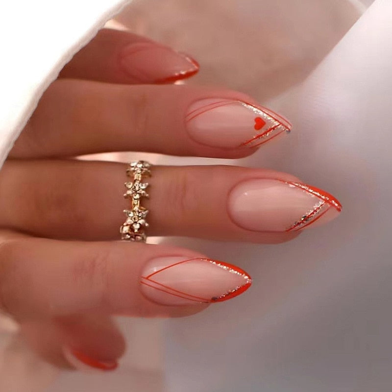 24Pcs Frosting False Nail Tips with Golden Glitter Designs French Rhinestone Manicure Stiletto Fake Nails Set Press on Nails