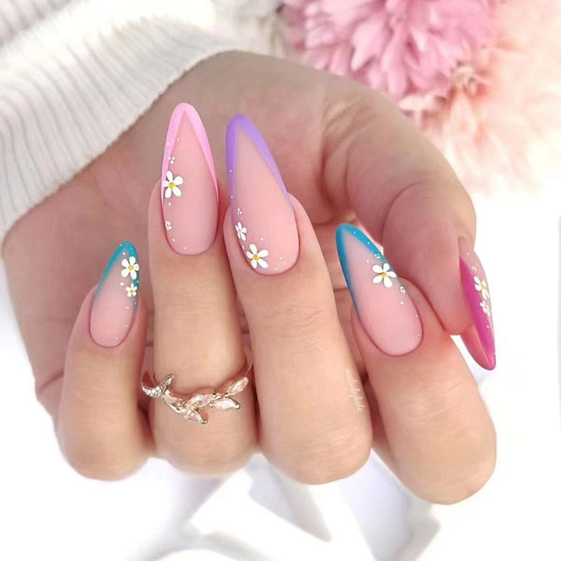 24Pcs Frosting False Nail Tips with Golden Glitter Designs French Rhinestone Manicure Stiletto Fake Nails Set Press on Nails