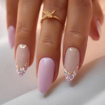 24Pcs Frosting False Nail Tips with Golden Glitter Designs French Rhinestone Manicure Stiletto Fake Nails Set Press on Nails