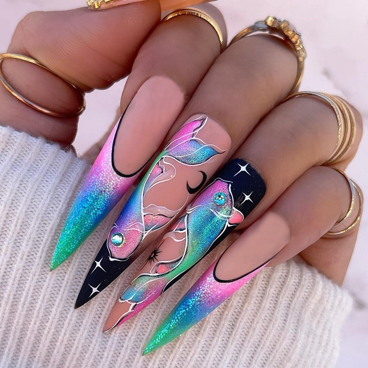 24Pcs Frosting False Nail Tips with Golden Glitter Designs French Rhinestone Manicure Stiletto Fake Nails Set Press on Nails