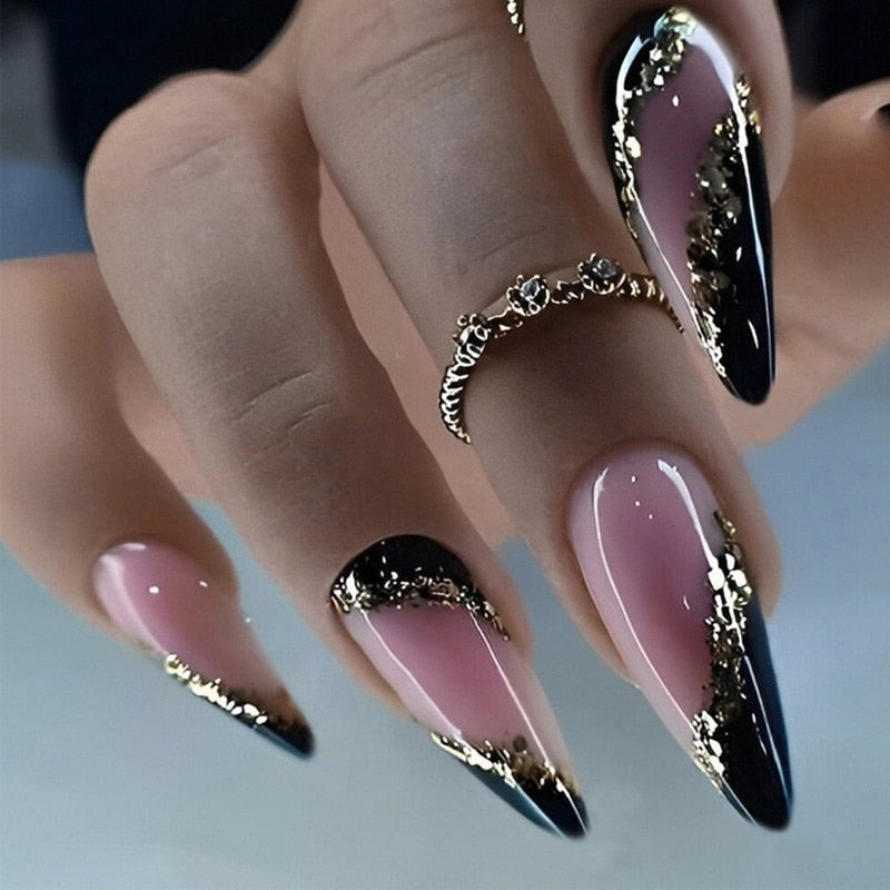 24Pcs Frosting False Nail Tips with Golden Glitter Designs French Rhinestone Manicure Stiletto Fake Nails Set Press on Nails