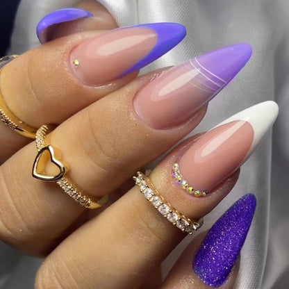 24Pcs Frosting False Nail Tips with Golden Glitter Designs French Rhinestone Manicure Stiletto Fake Nails Set Press on Nails