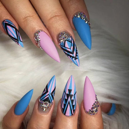 24Pcs Frosting False Nail Tips with Golden Glitter Designs French Rhinestone Manicure Stiletto Fake Nails Set Press on Nails