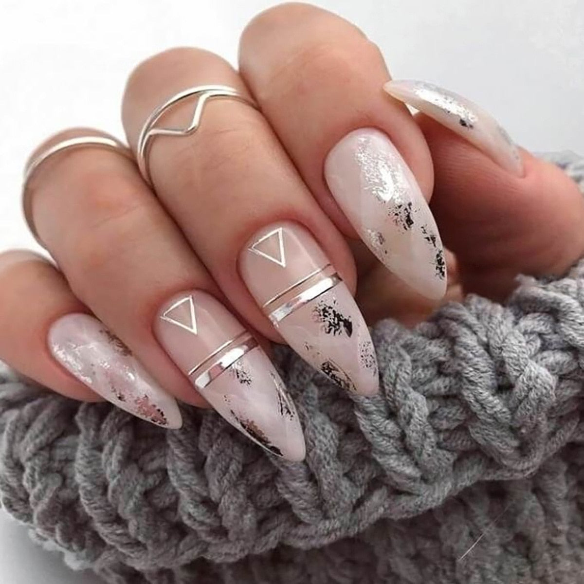 24Pcs Frosting False Nail Tips with Golden Glitter Designs French Rhinestone Manicure Stiletto Fake Nails Set Press on Nails