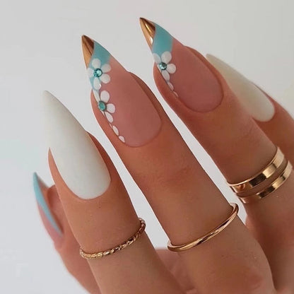 24Pcs Frosting False Nail Tips with Golden Glitter Designs French Rhinestone Manicure Stiletto Fake Nails Set Press on Nails