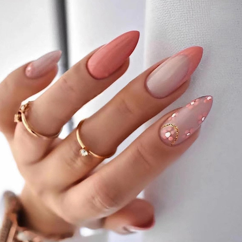 24Pcs Frosting False Nail Tips with Golden Glitter Designs French Rhinestone Manicure Stiletto Fake Nails Set Press on Nails