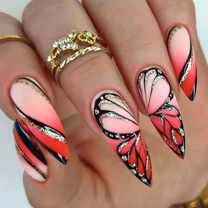 24Pcs Frosting False Nail Tips with Golden Glitter Designs French Rhinestone Manicure Stiletto Fake Nails Set Press on Nails