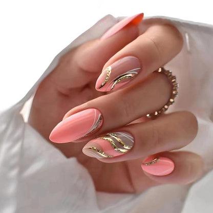 24Pcs Frosting False Nail Tips with Golden Glitter Designs French Rhinestone Manicure Stiletto Fake Nails Set Press on Nails
