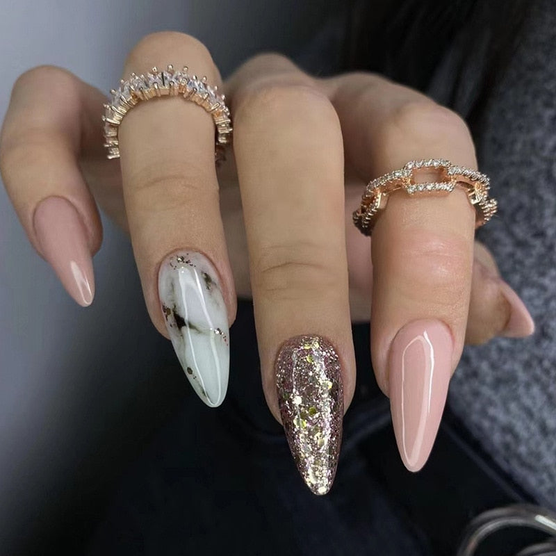 24Pcs Frosting False Nail Tips with Golden Glitter Designs French Rhinestone Manicure Stiletto Fake Nails Set Press on Nails