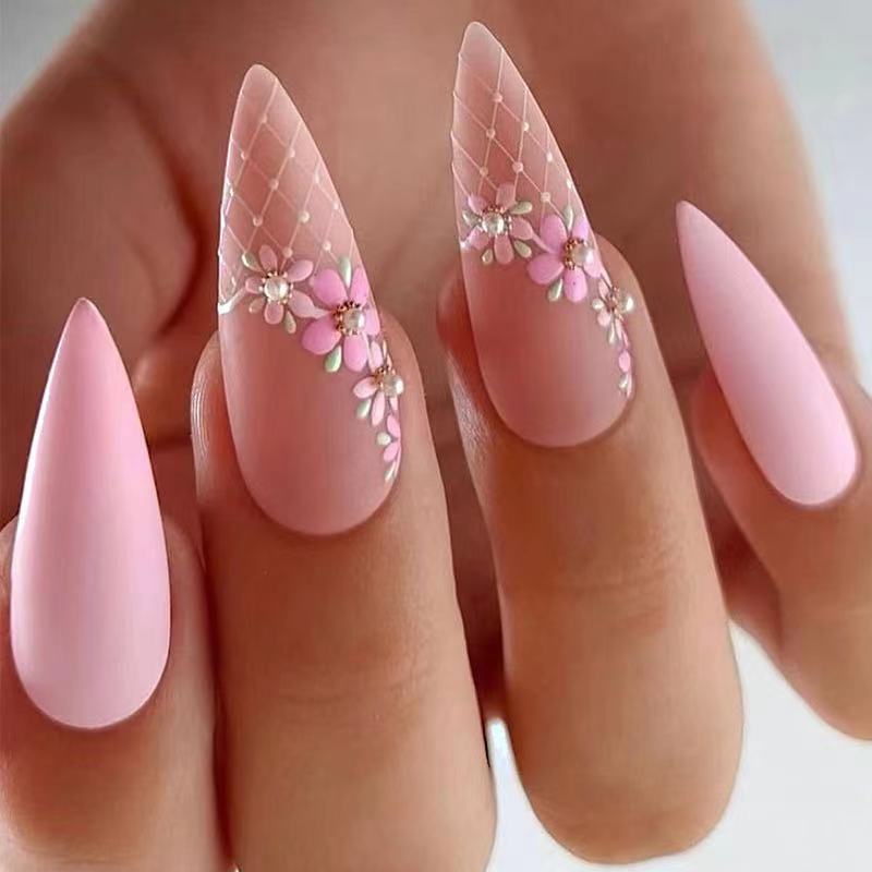 24Pcs Frosting False Nail Tips with Golden Glitter Designs French Rhinestone Manicure Stiletto Fake Nails Set Press on Nails