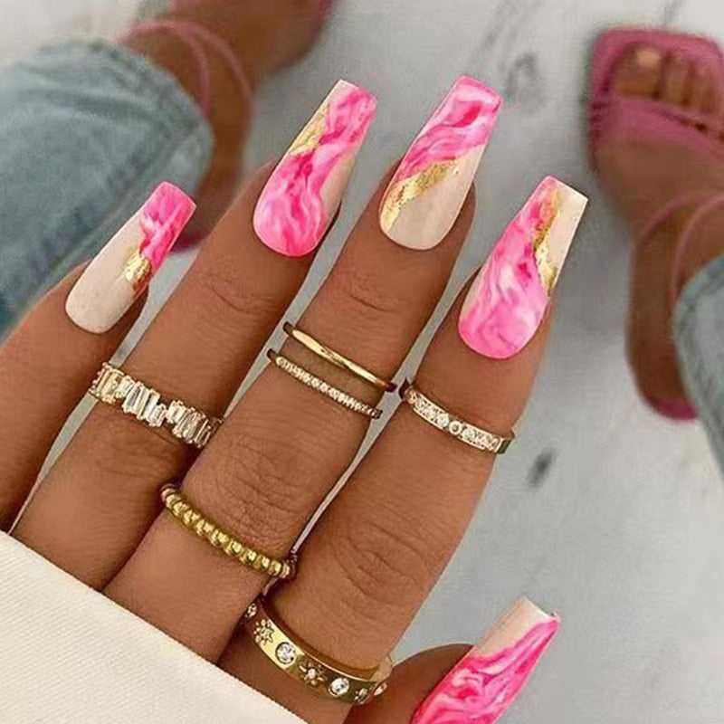 24Pcs Full Cover False Nails with Glue Extra Long Ballerina Coffin Detachable Fake Nails Flower Design Press on Nails Manicure