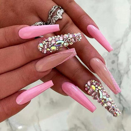 24Pcs Full Cover False Nails with Glue Extra Long Ballerina Coffin Detachable Fake Nails Flower Design Press on Nails Manicure