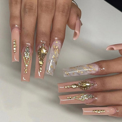 24Pcs Full Cover False Nails with Glue Extra Long Ballerina Coffin Detachable Fake Nails Flower Design Press on Nails Manicure