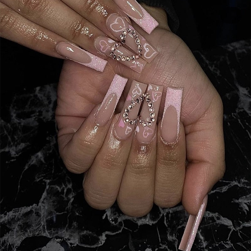 24Pcs Full Cover False Nails with Glue Extra Long Ballerina Coffin Detachable Fake Nails Flower Design Press on Nails Manicure