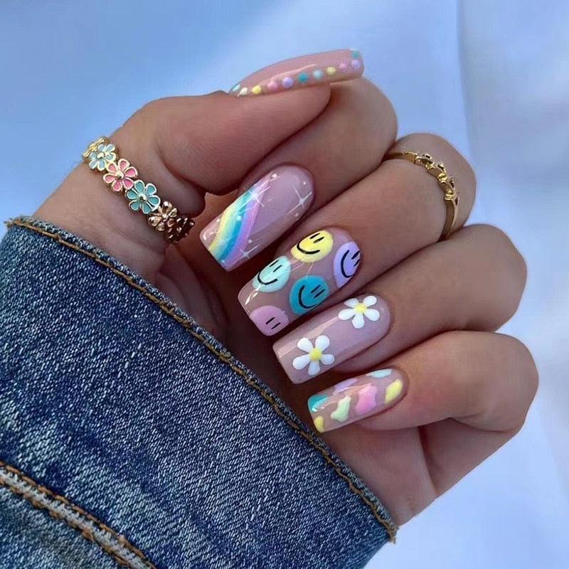 24Pcs Full Cover False Nails with Glue Extra Long Ballerina Coffin Detachable Fake Nails Flower Design Press on Nails Manicure