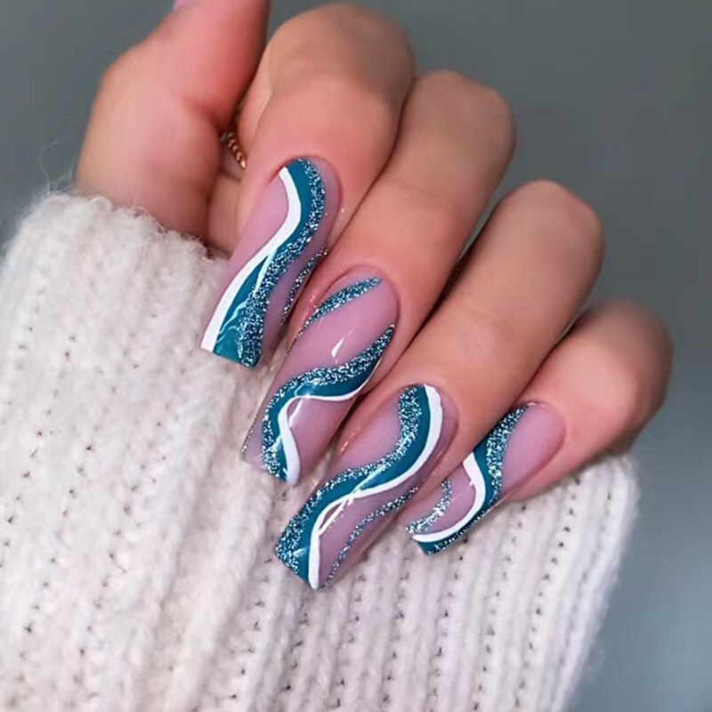 24Pcs Full Cover False Nails with Glue Extra Long Ballerina Coffin Detachable Fake Nails Flower Design Press on Nails Manicure
