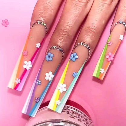 24Pcs Full Cover False Nails with Glue Extra Long Ballerina Coffin Detachable Fake Nails Flower Design Press on Nails Manicure