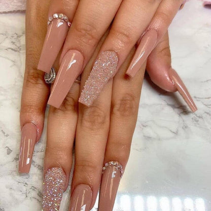 24Pcs Full Cover False Nails with Glue Extra Long Ballerina Coffin Detachable Fake Nails Flower Design Press on Nails Manicure