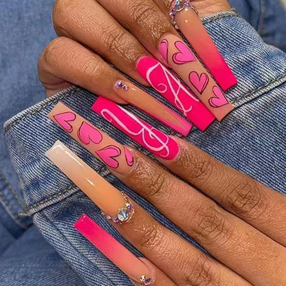 24Pcs Full Cover False Nails with Glue Extra Long Ballerina Coffin Detachable Fake Nails Flower Design Press on Nails Manicure