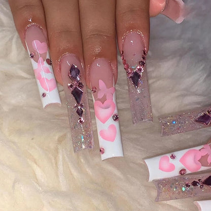 24Pcs Full Cover False Nails with Glue Extra Long Ballerina Coffin Detachable Fake Nails Flower Design Press on Nails Manicure