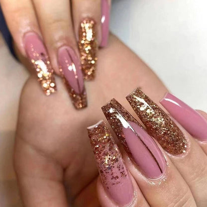 24Pcs Full Cover False Nails with Glue Extra Long Ballerina Coffin Detachable Fake Nails Flower Design Press on Nails Manicure