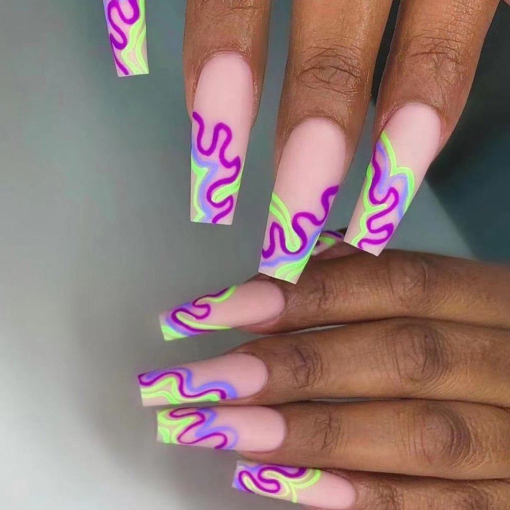 24Pcs Full Cover False Nails with Glue Extra Long Ballerina Coffin Detachable Fake Nails Flower Design Press on Nails Manicure