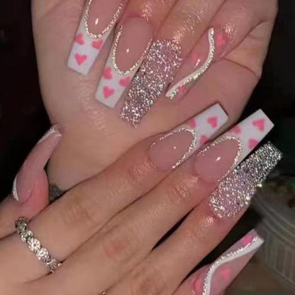 24Pcs Full Cover False Nails with Glue Extra Long Ballerina Coffin Detachable Fake Nails Flower Design Press on Nails Manicure