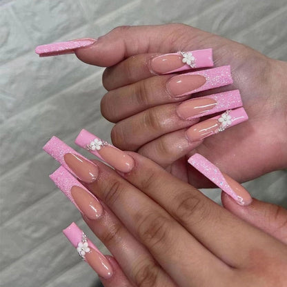 24Pcs Full Cover False Nails with Glue Extra Long Ballerina Coffin Detachable Fake Nails Flower Design Press on Nails Manicure