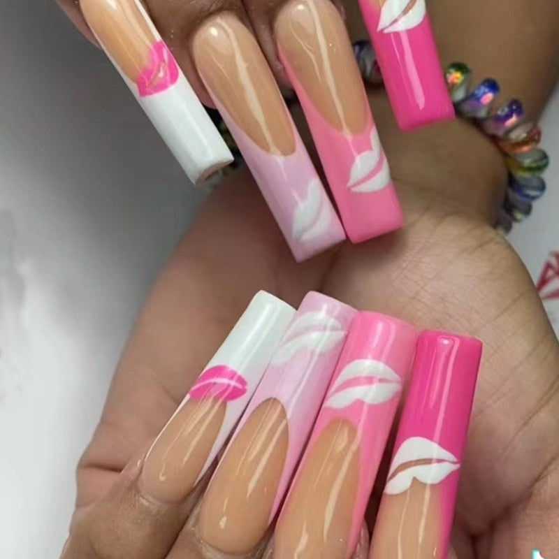 24Pcs Full Cover False Nails with Glue Extra Long Ballerina Coffin Detachable Fake Nails Flower Design Press on Nails Manicure