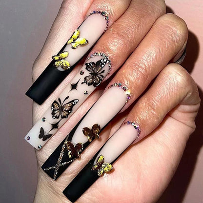 24Pcs Full Cover False Nails with Glue Extra Long Ballerina Coffin Detachable Fake Nails Flower Design Press on Nails Manicure