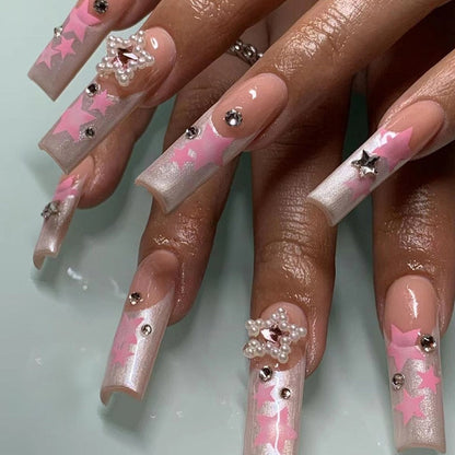 24Pcs Full Cover False Nails with Glue Extra Long Ballerina Coffin Detachable Fake Nails Flower Design Press on Nails Manicure
