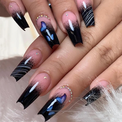 24Pcs Full Cover False Nails with Glue Extra Long Ballerina Coffin Detachable Fake Nails Flower Design Press on Nails Manicure