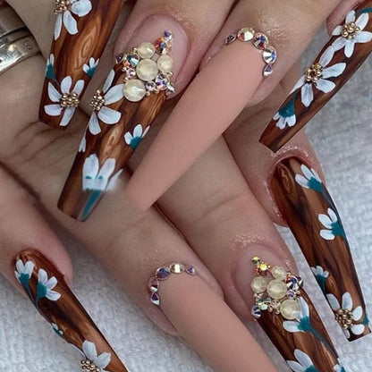 24Pcs Full Cover False Nails with Glue Extra Long Ballerina Coffin Detachable Fake Nails Flower Design Press on Nails Manicure