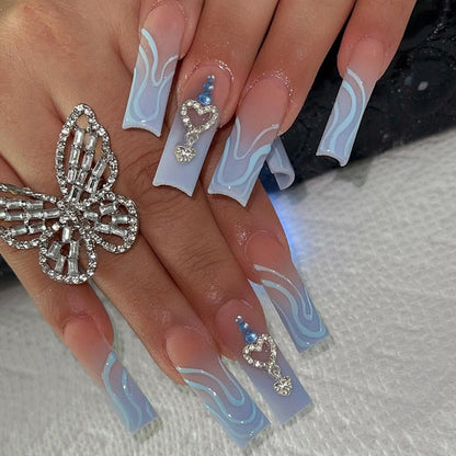 24Pcs Full Cover False Nails with Glue Extra Long Ballerina Coffin Detachable Fake Nails Flower Design Press on Nails Manicure