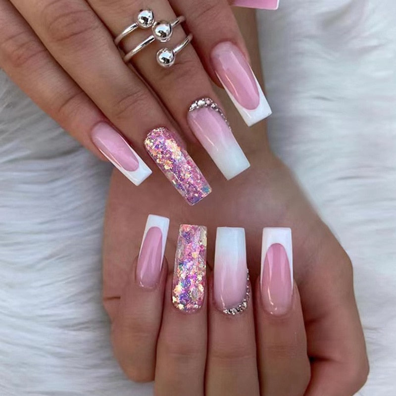 24Pcs Full Cover False Nails with Glue Extra Long Ballerina Coffin Detachable Fake Nails Flower Design Press on Nails Manicure