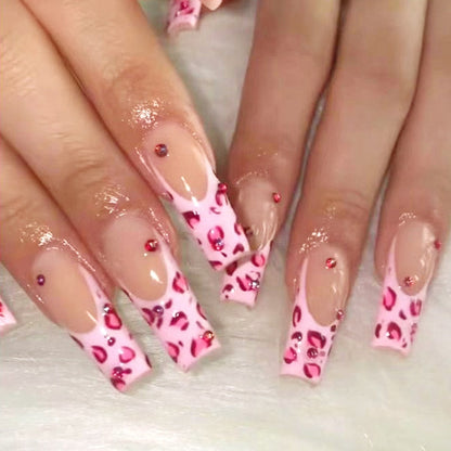 24Pcs Full Cover False Nails with Glue Extra Long Ballerina Coffin Detachable Fake Nails Flower Design Press on Nails Manicure