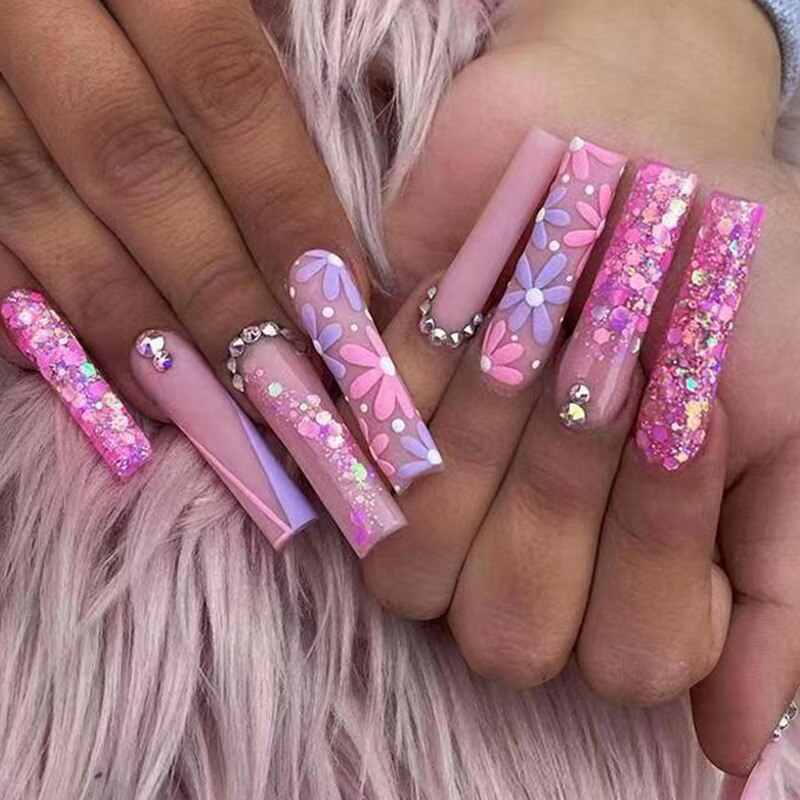 24Pcs Full Cover False Nails with Glue Extra Long Ballerina Coffin Detachable Fake Nails Flower Design Press on Nails Manicure