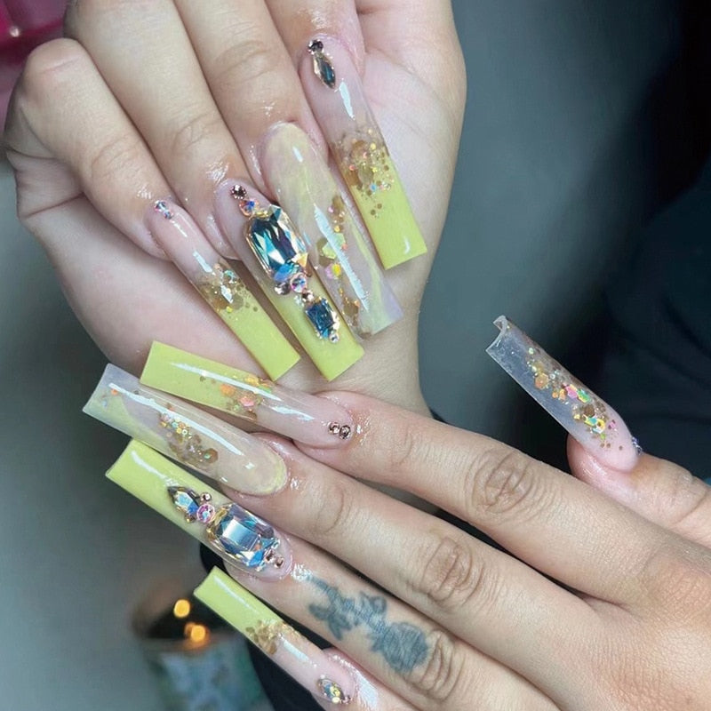 24Pcs Full Cover False Nails with Glue Extra Long Ballerina Coffin Detachable Fake Nails Flower Design Press on Nails Manicure