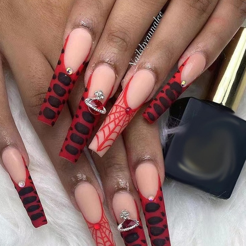 24Pcs Full Cover False Nails with Glue Extra Long Ballerina Coffin Detachable Fake Nails Flower Design Press on Nails Manicure