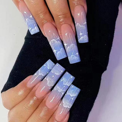 24Pcs Full Cover False Nails with Glue Extra Long Ballerina Coffin Detachable Fake Nails Flower Design Press on Nails Manicure