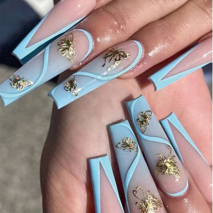 24Pcs Full Cover False Nails with Glue Extra Long Ballerina Coffin Detachable Fake Nails Flower Design Press on Nails Manicure