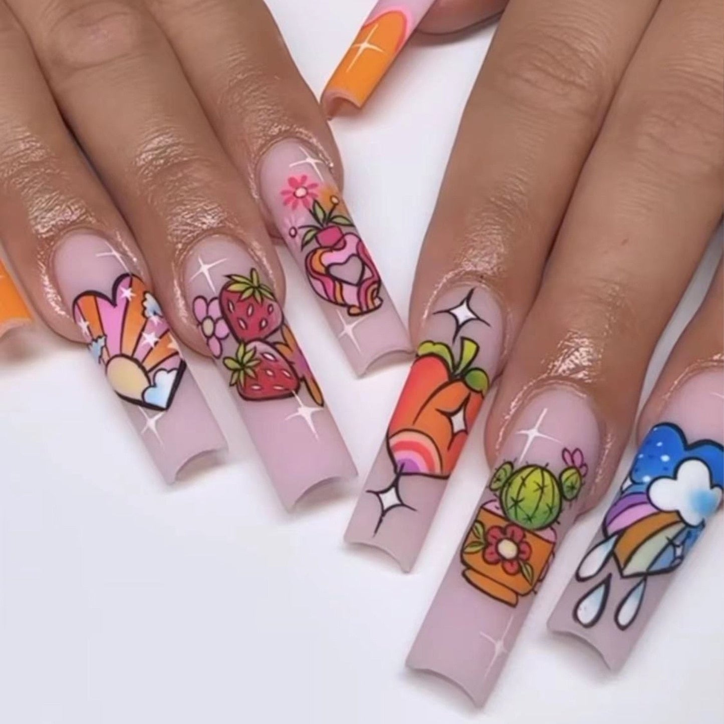 24Pcs Full Cover False Nails with Glue Extra Long Ballerina Coffin Detachable Fake Nails Flower Design Press on Nails Manicure