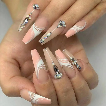 24Pcs Full Cover False Nails with Glue Extra Long Ballerina Coffin Detachable Fake Nails Flower Design Press on Nails Manicure