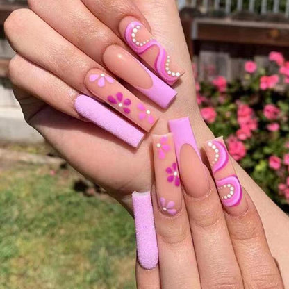 24Pcs Full Cover False Nails with Glue Extra Long Ballerina Coffin Detachable Fake Nails Flower Design Press on Nails Manicure
