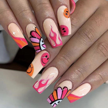 24Pcs Full Cover False Nails with Glue Extra Long Ballerina Coffin Detachable Fake Nails Flower Design Press on Nails Manicure